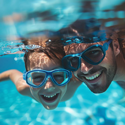 Father and son smiling at camera swimming underwater with swim goggles on
