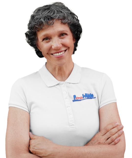 Man smiling wearing a white polo shirt with Pool Aide logo