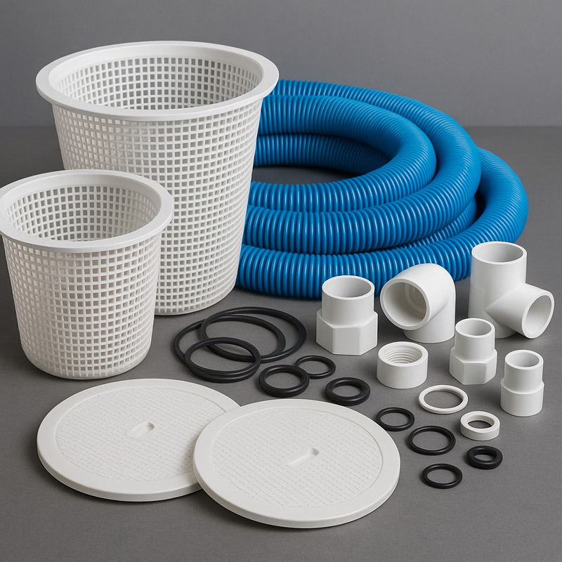 Variety of pool equipment replacement parts including rubber gaskets, skimmer baskets, vacuum hose, and PVC fittings arranged on counter